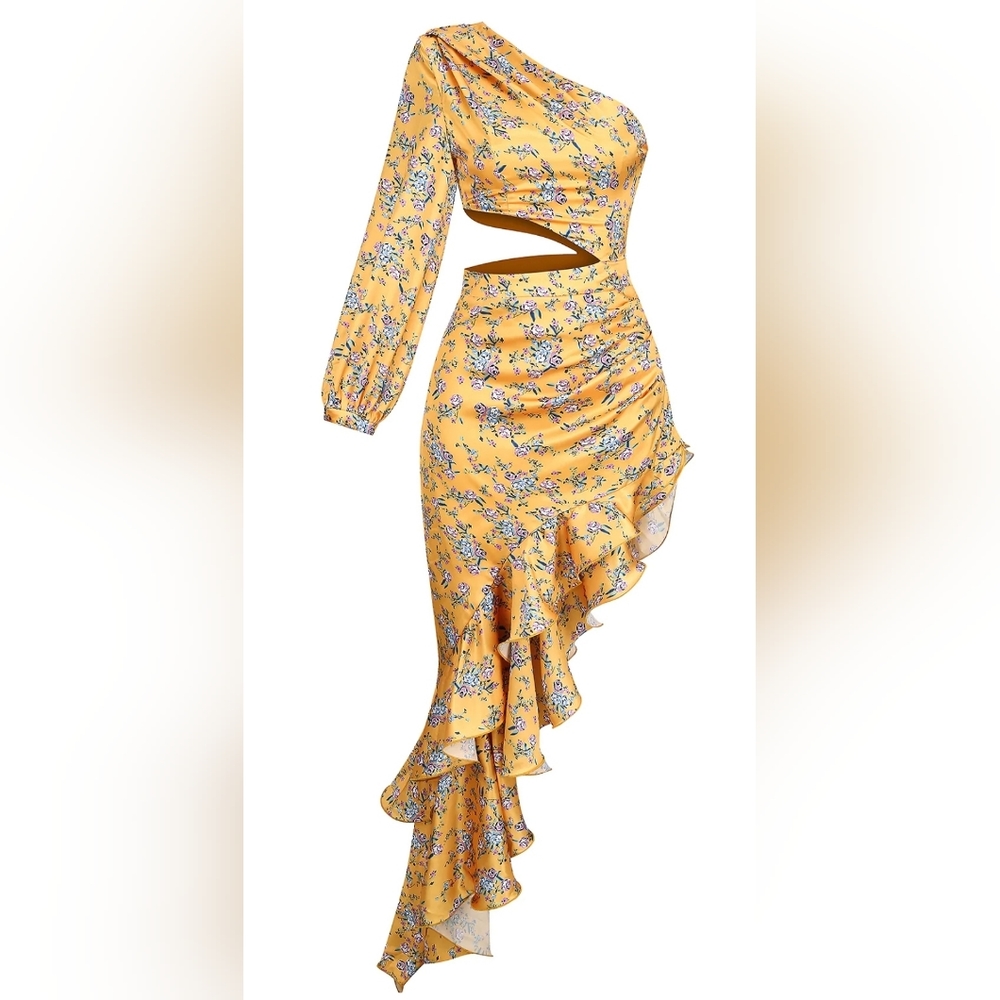 One Shoulder Ruffled Asymmetrical Long Maxi Dress Size Small